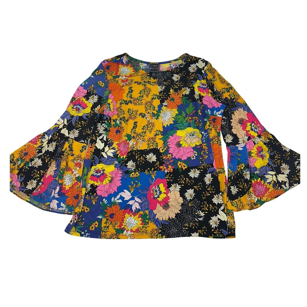 Coco Bianco Blouse Multicolor Floral Patchwork Bell Sleeve Stretch Boho Women XL